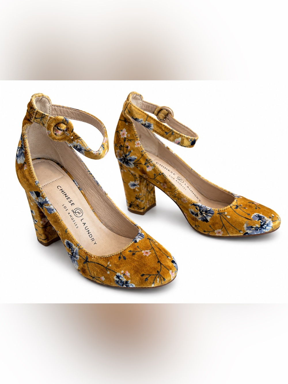 Chinese Laundry Mustard Floral Velvet Ankle-Strap Block Heels CT